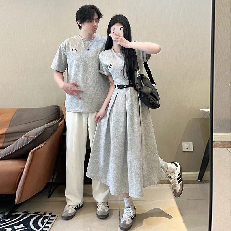 情侣装夏季小众设计感简约收腰显瘦女连衣裙男短袖T恤一裙一衣