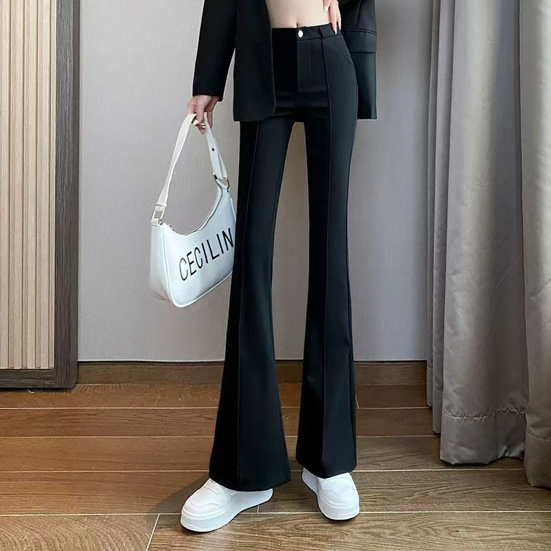 西装微喇裤女2025春夏时尚高腰显瘦显高微喇叭裤黑色垂感休闲长裤