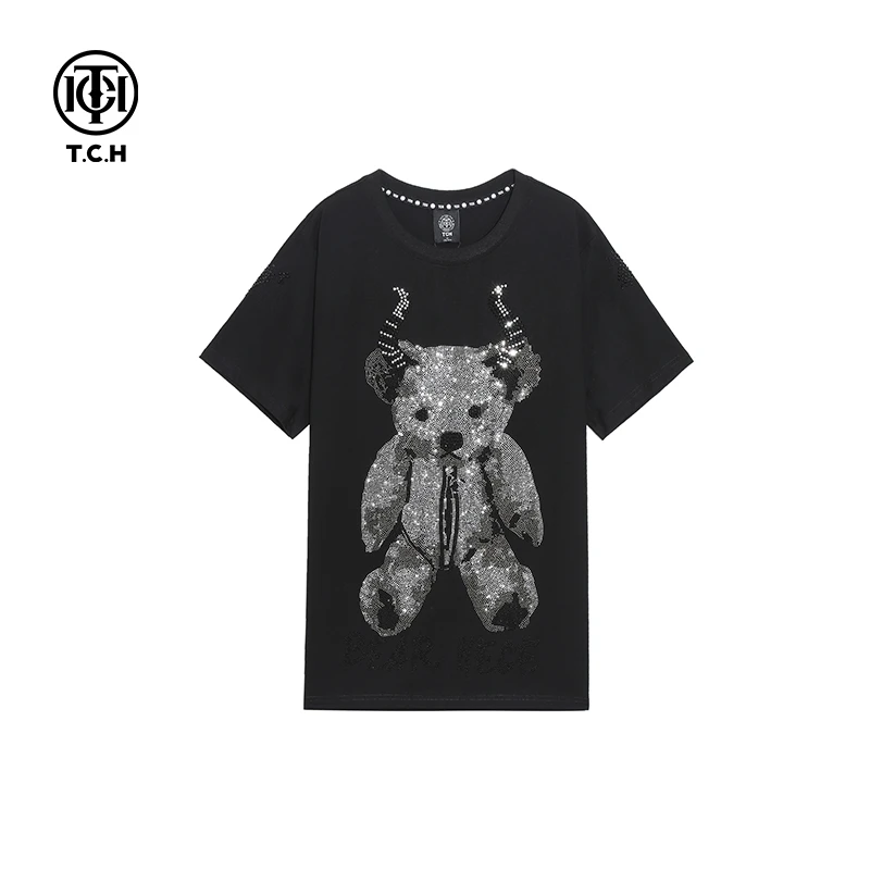 奥莱-TCH牛角萌熊烫钻黑色T恤男女同款T21110C3059