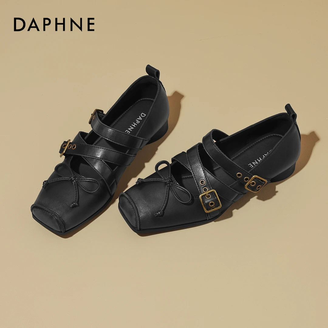 达芙妮黑色复古玛丽珍鞋女2025早秋新款蝴蝶结浅口单鞋低跟不累脚
