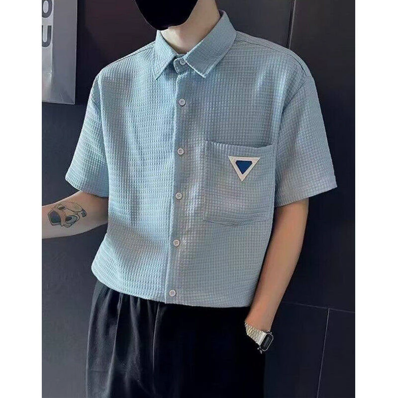 华夫格衬衫男短袖ins潮牌痞帅小众五分袖衬衣夏季薄款衬衫