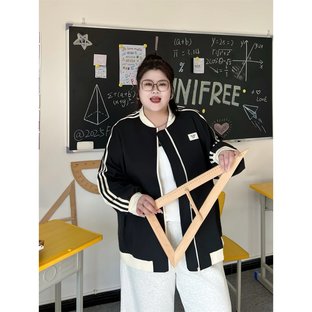大码女装花契200斤胖mm美式学院运动感复古撞色棒球服外套15581-X