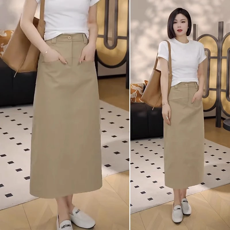 拉夏贝尔卡其色高腰开叉半身裙女2025夏季薄款休闲显瘦宽松包臀裙