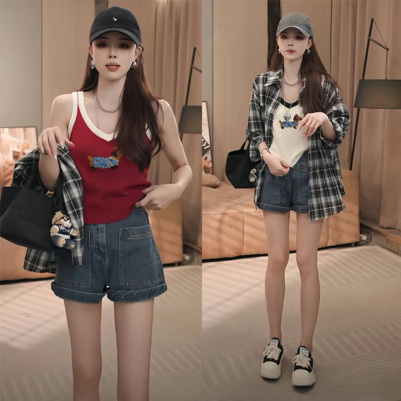 夏季穿搭一整套韩系时尚宽松格子衬衫吊带背心高腰牛仔短裤三件套