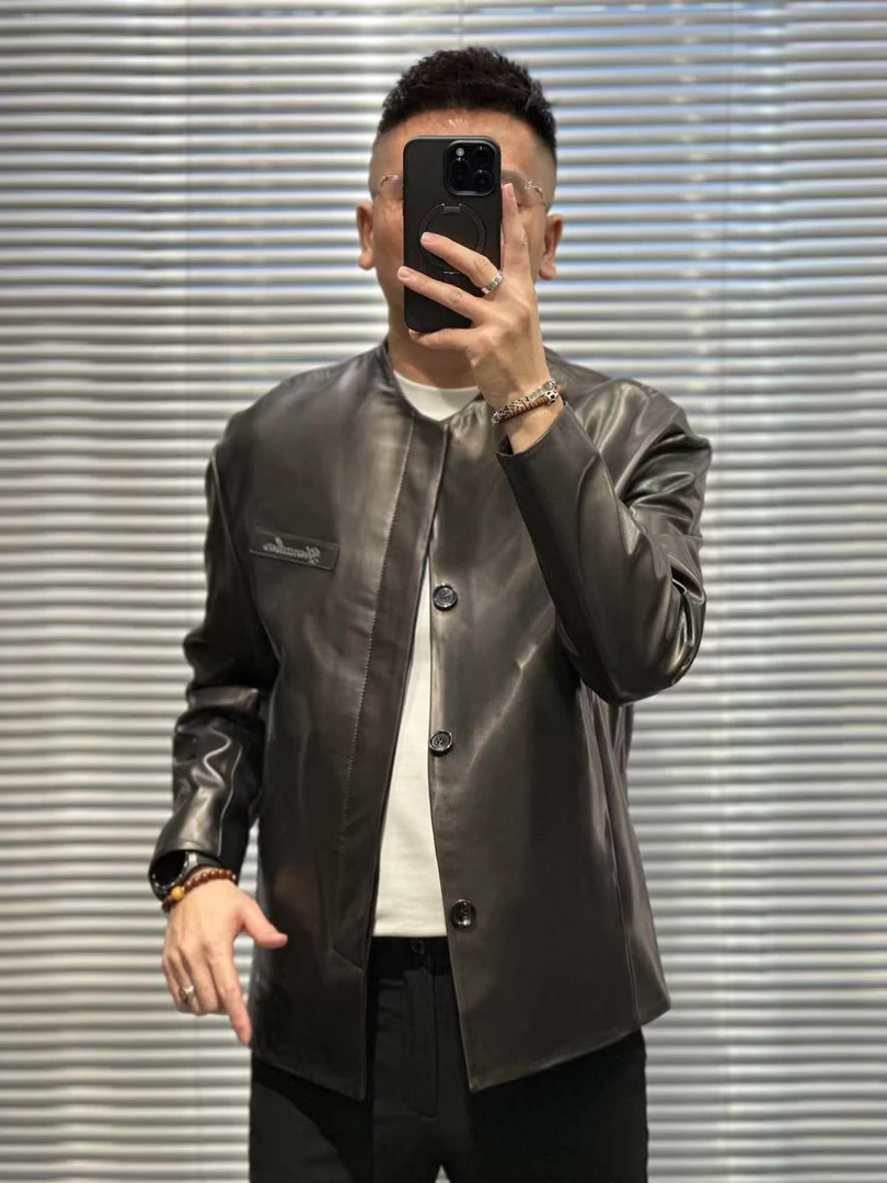 28758欧货春夏款高订圆领简约羊二层皮衣外套