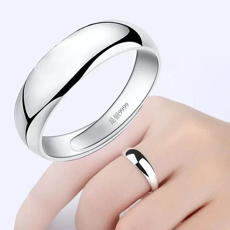 足银戒指 999银光戒指男女款轻奢简约光面指环可调节素圈戒情侣款