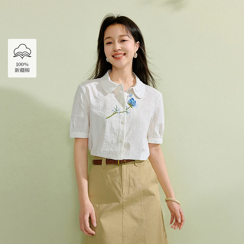 【茵曼服装】茵曼度假风提花纯棉气质衬衫宽松短袖衬衣上衣18528082