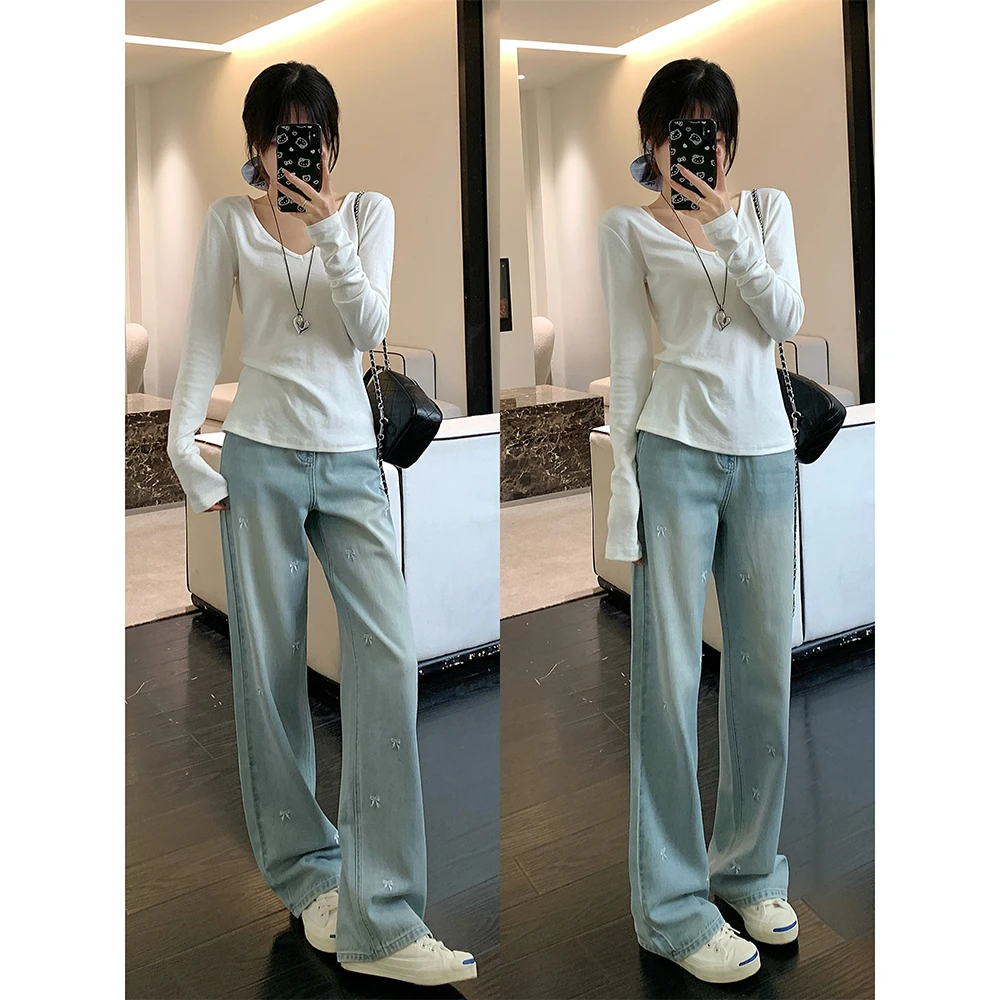 王家有鱼2025春季新款阔腿裤蝴蝶设计高腰牛仔裤宽松百搭显瘦女款