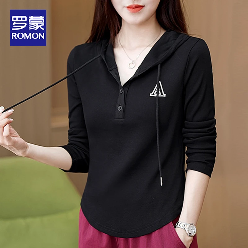Romon/罗蒙2025春新款爆款帽衫百搭女装薄款卫衣显瘦连帽长袖T恤