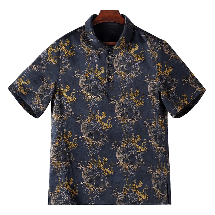 99406 男士短袖POLO衫 桑蚕丝素平缎香云纱男装新中式复古上衣