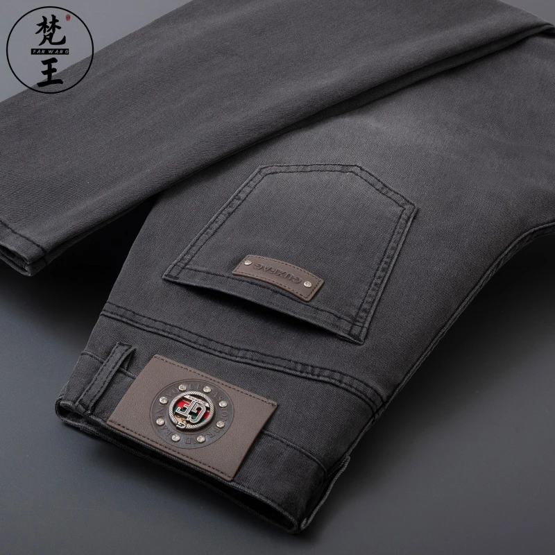 FANWANG/梵王春夏季尼纳灰牛仔裤男修身小直筒弹力九分休闲长裤子