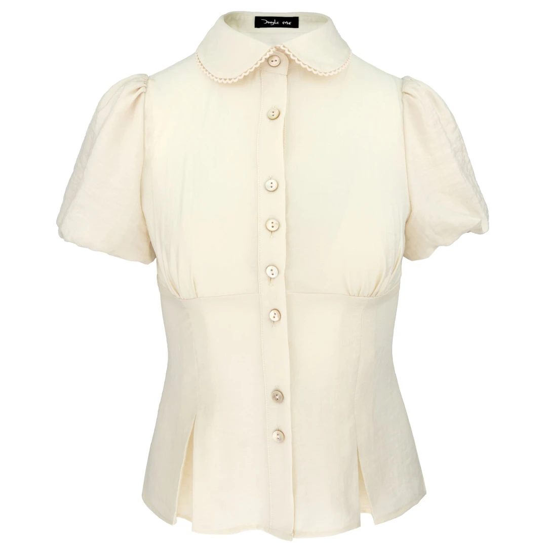 JUNGLE ME法式宫廷风优雅淑女气质娃娃领花苞袖短袖衬衫衬衣