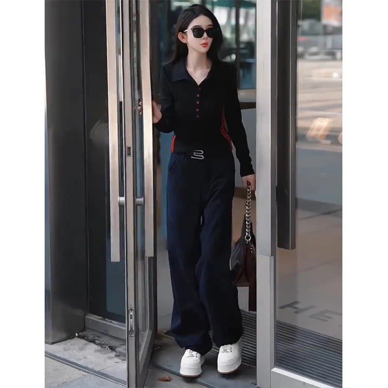 2025早秋修身显瘦翻领长袖T恤打底衫高腰牛仔裤子减龄两件套装女