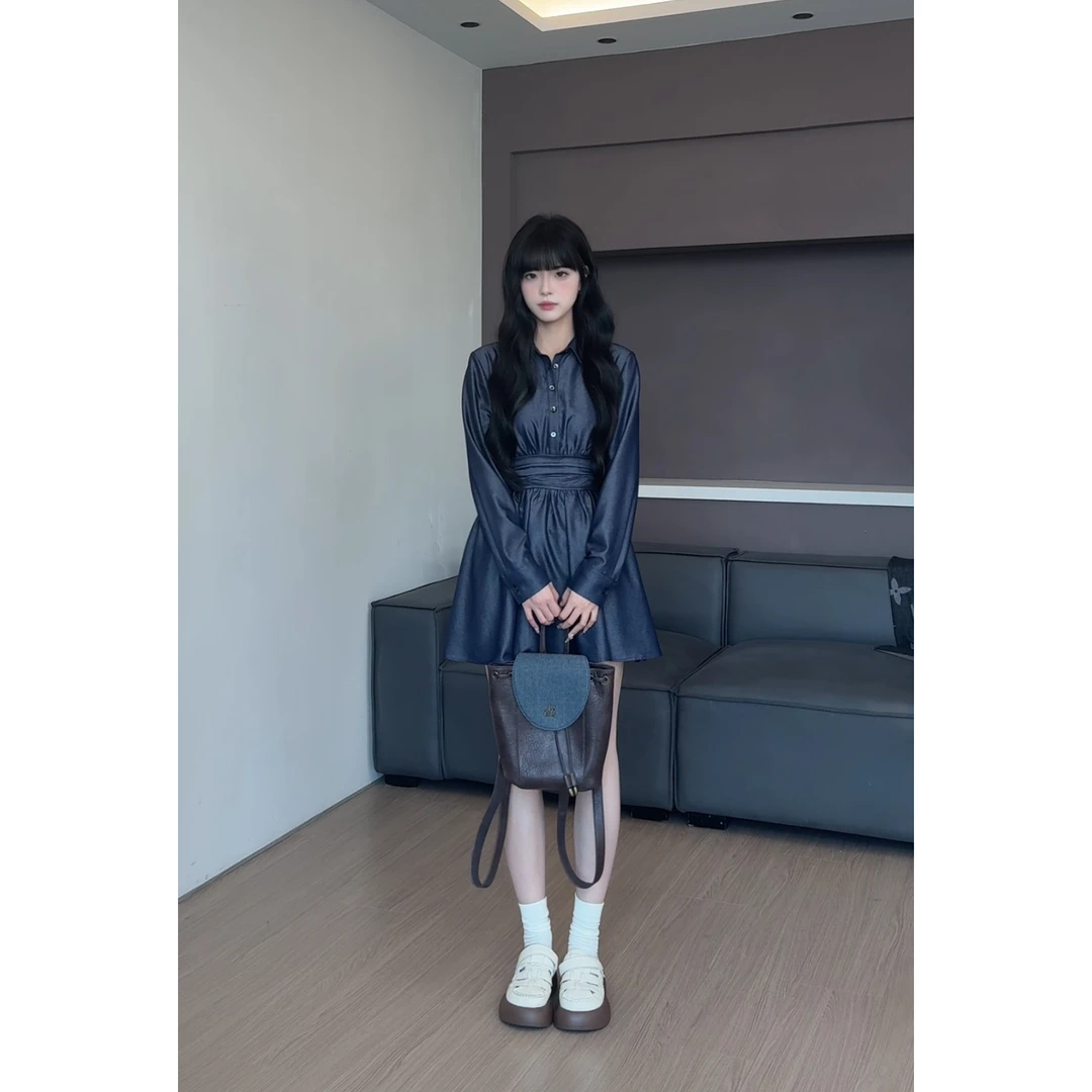 【清清】RICHINCHEESE 随性之旅 复古翻领褶皱收腰设计牛仔连衣裙