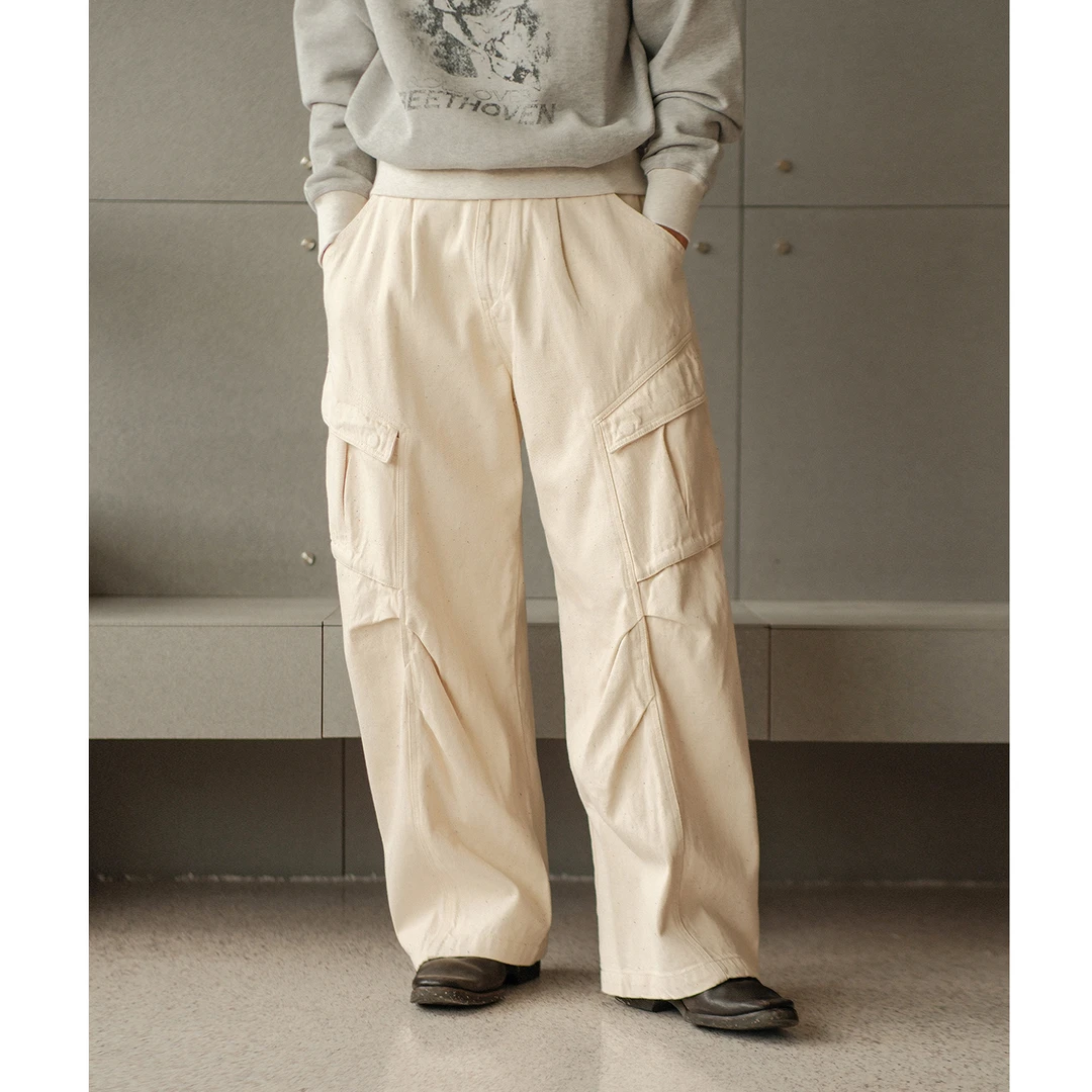 14OZ彩纱白牛原棉赤耳丹宁 弯刀打褶cargo阔腿工装裤 MBBCAR窄幅