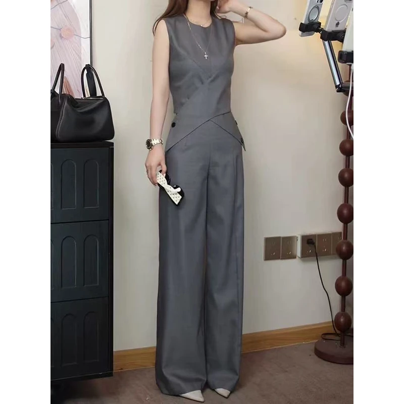 068#高端小众设计撞色连体裤套装夏季新款气质名媛阔腿裤两件套