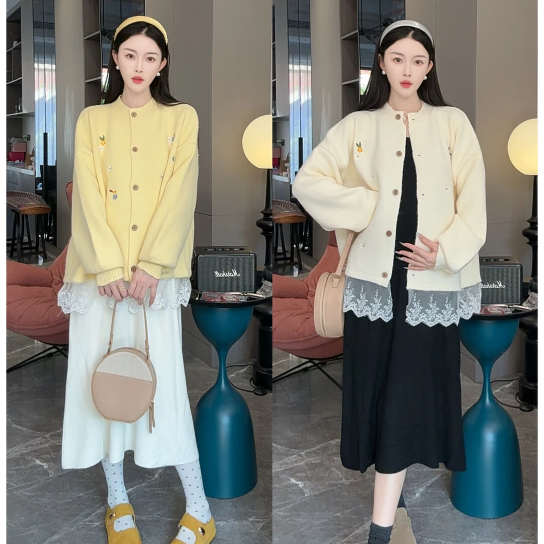 时尚宽松显瘦孕妇装2025秋冬刺绣加厚开衫毛衣长款连衣裙孕妇套装