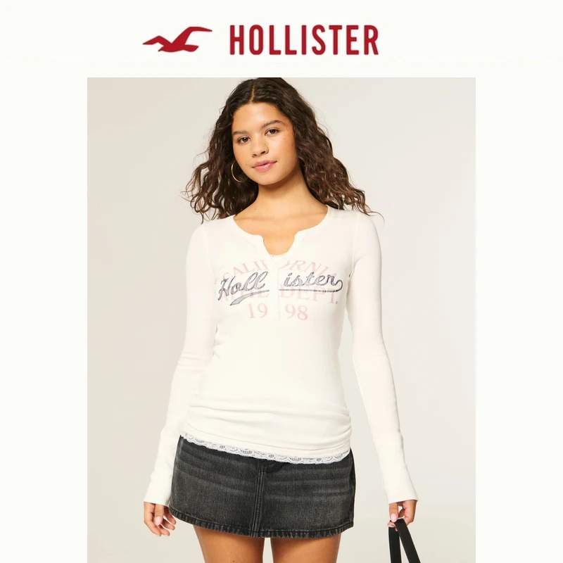 合并Hollister25秋冬辣妹修身LOGO印花亨利领长袖T恤女装357-5029