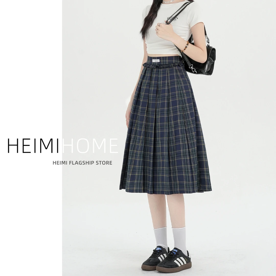 学院风复古格子裙女夏季款木耳边半身裙小个子灰色a字西装中长裙