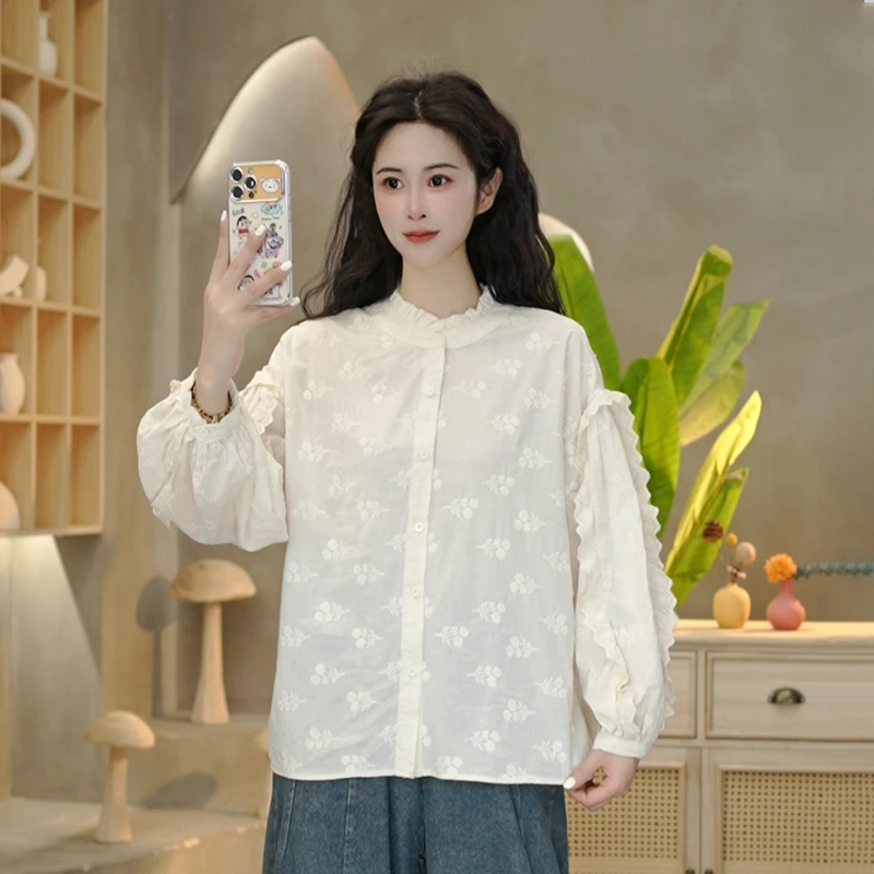 3842 春款设计感荷叶袖立领衬衫女重工绣花衬衣小众别致上衣