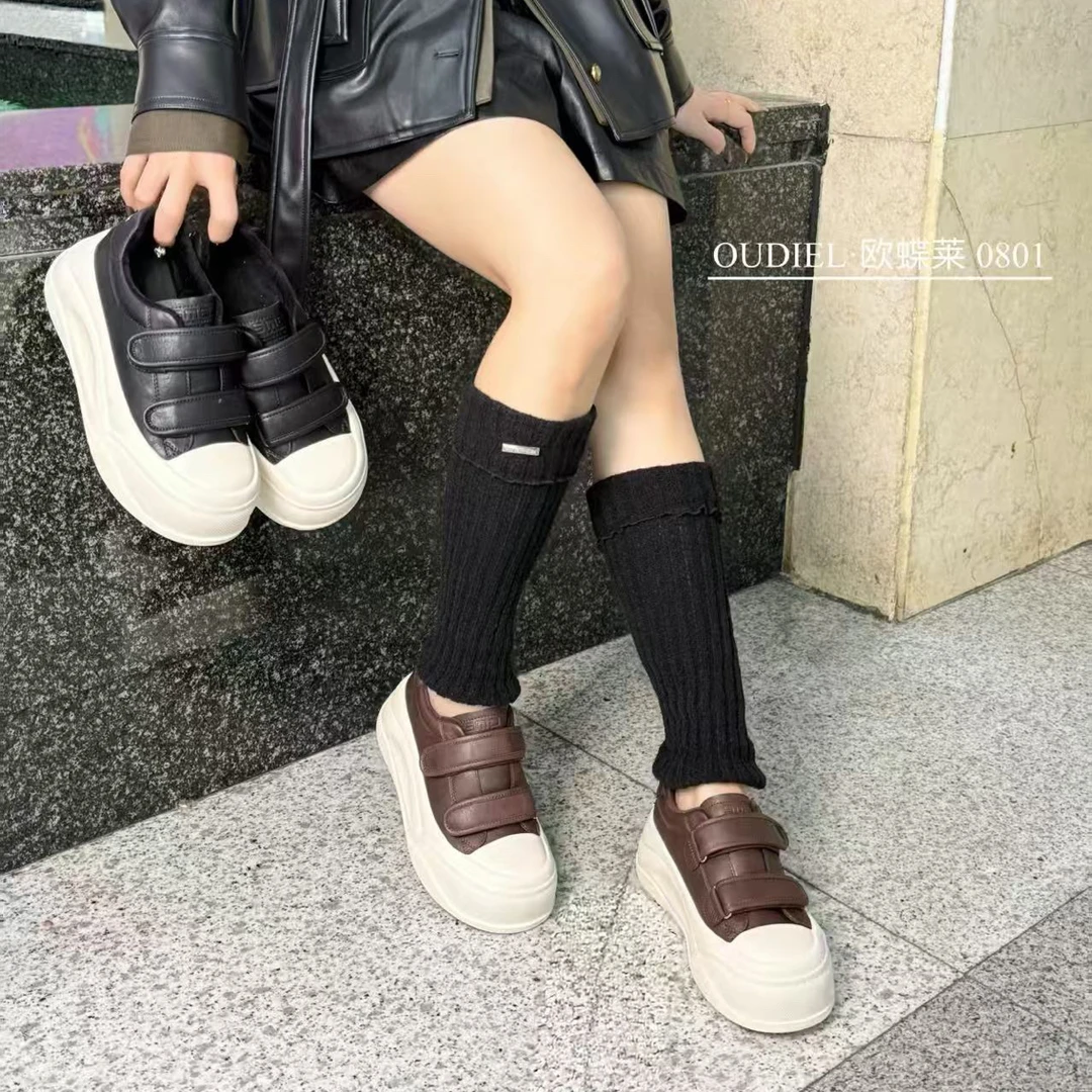 2025年新款真皮厚底增高松糕鞋女百搭潮流加绒圆头休闲鞋