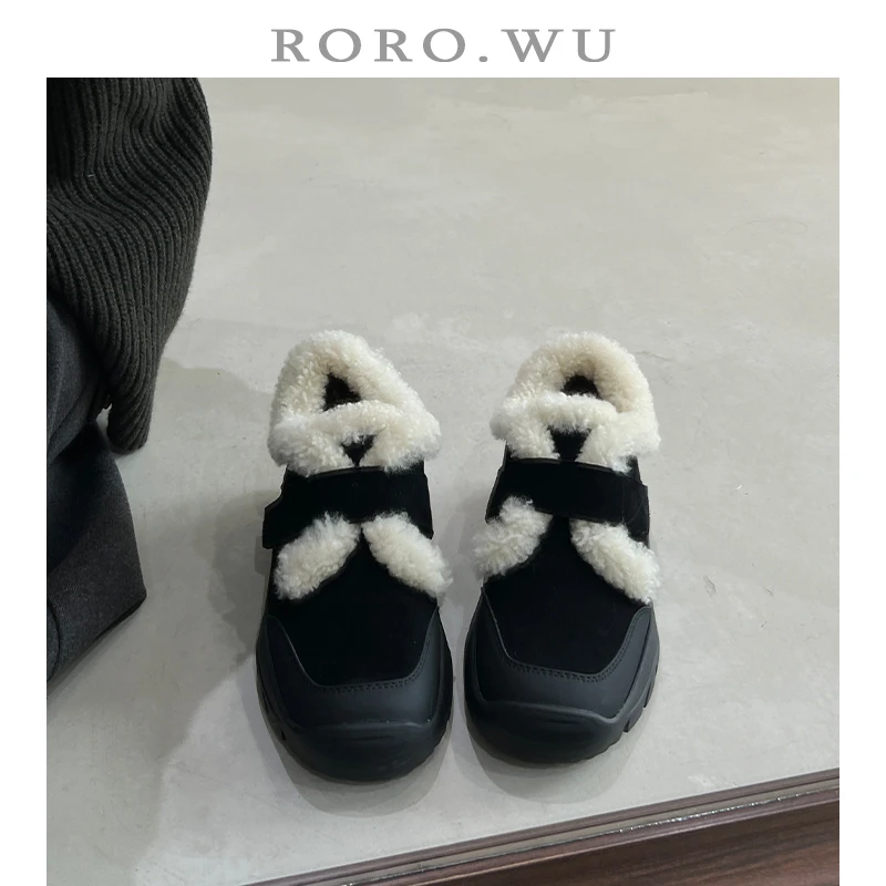 娆娆吴·羊皮运动风加绒保暖魔术贴毛毛鞋冬季新款深口单鞋女Y10
