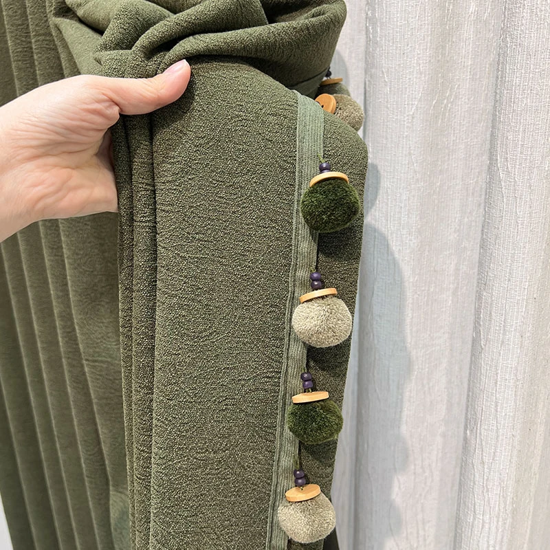 芝麻复古绿雪尼尔麻遮光客厅卧室窗帘美式法式中古南洋风窗帘纱帘