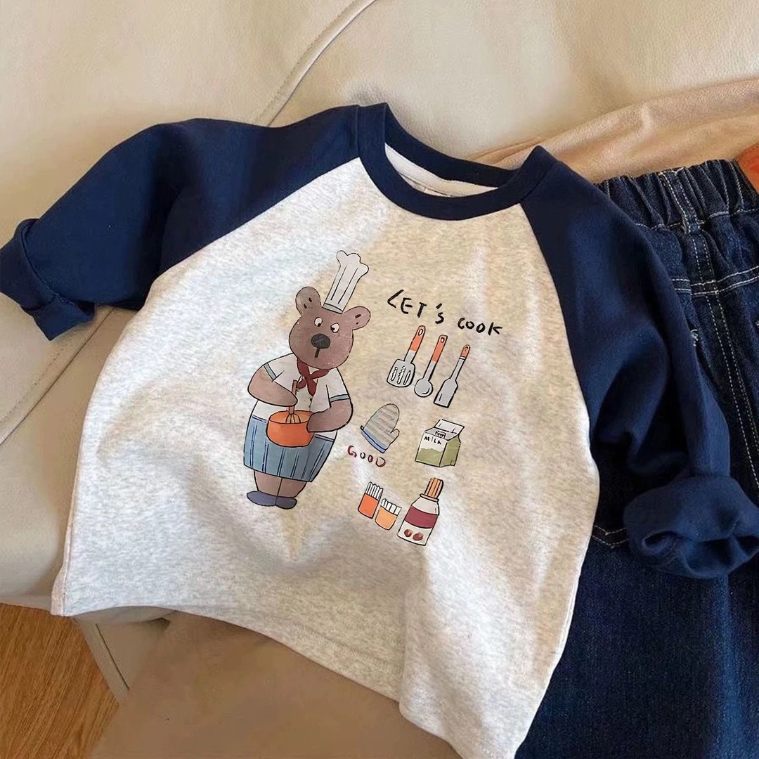 韩系纯棉儿童新款长袖可爱百搭圆领男女童T恤卡通拼色宝宝上衣ins