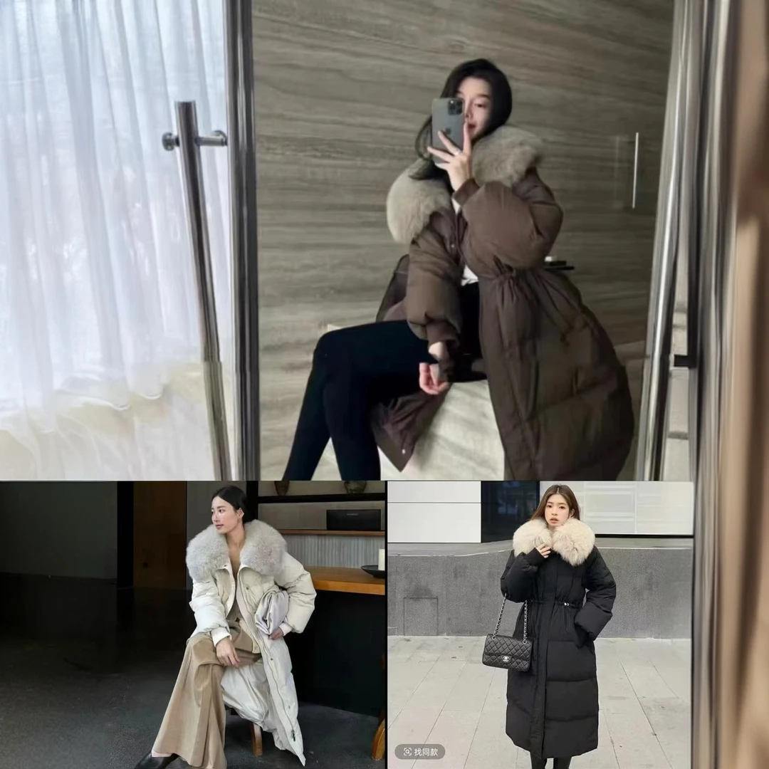 真狐狸毛白鸭绒羽绒服女中长款收腰气质大毛领加厚外套女1343