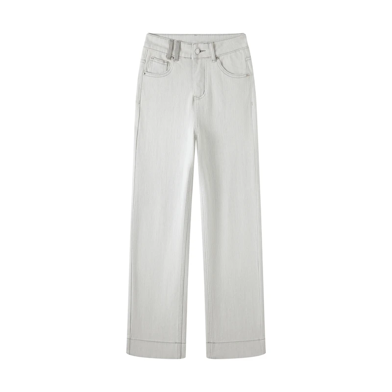 奶杏色四面弹亚麻春季新款仿麻牛仔裤女窄版直筒裤奶奶裤烟管裤