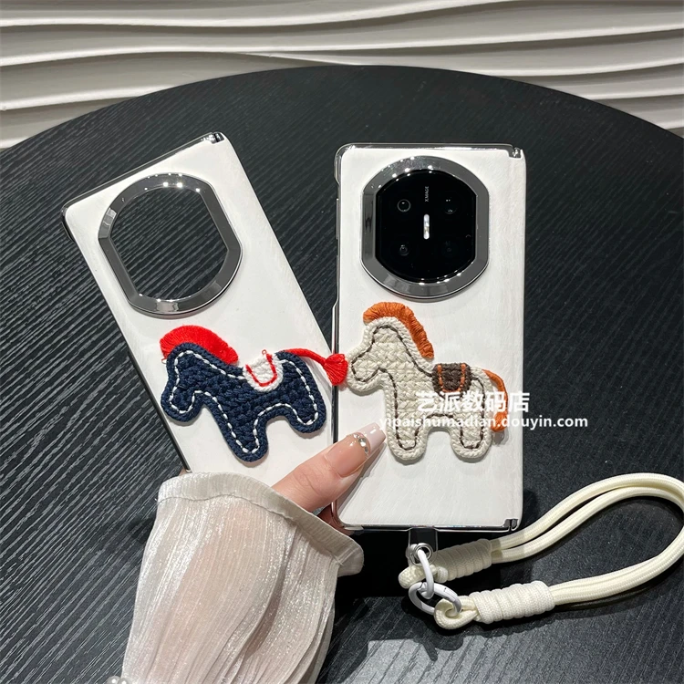 适用华为mate x7手机壳x5折叠屏全包中轴x6典藏版皮质马年挂绳女