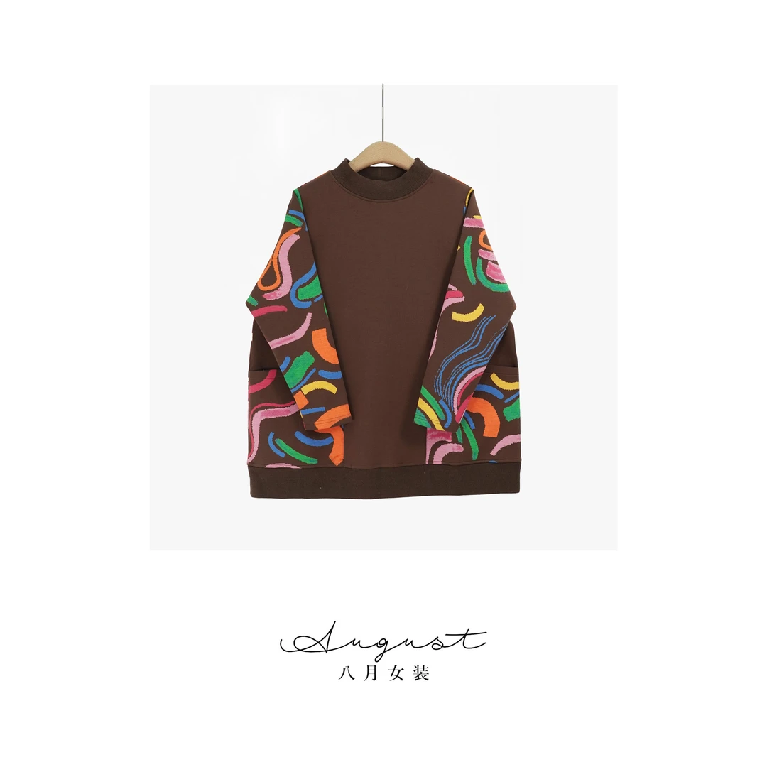 【BAYUE】3722秋季法式长袖套头常规袖印花T恤圆领