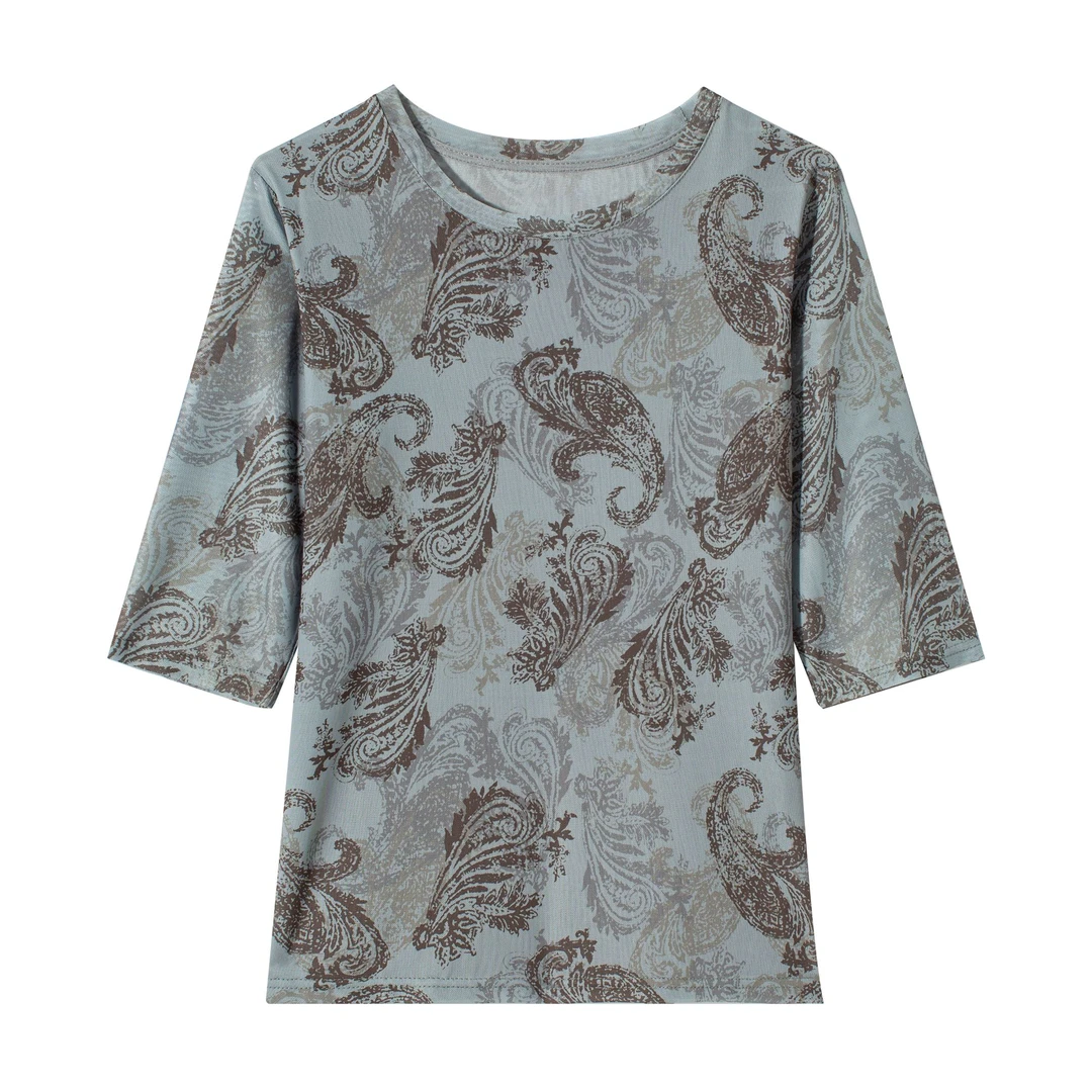 2025新款夏季新款复古风腰果花高弹中袖圆领中袖T恤Y871