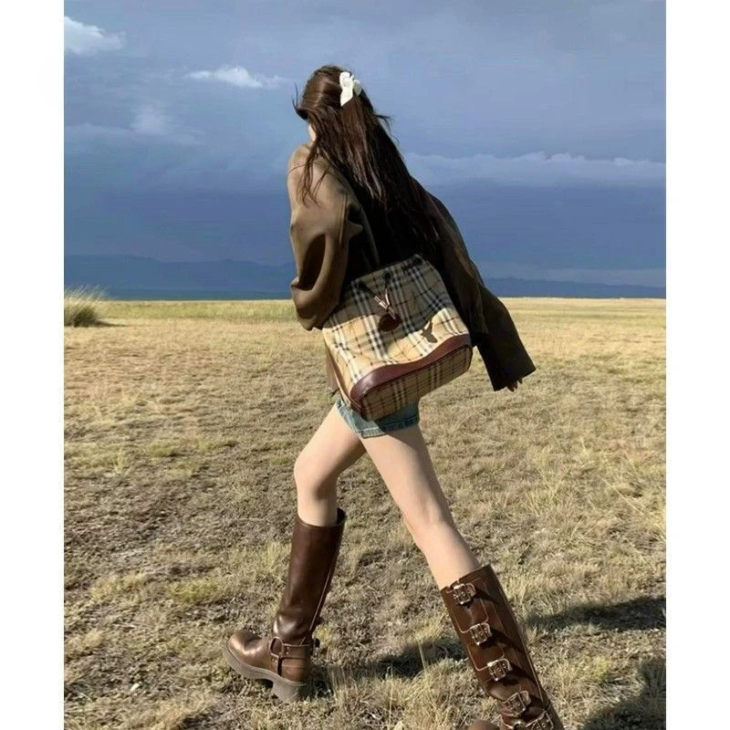 新品靴子女美式复古高筒靴骑士靴棕色朋克机车靴长筒靴西部牛仔靴