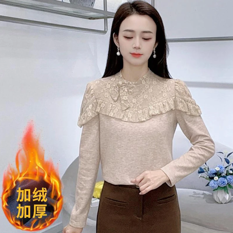 2025冬季法式别致蝴蝶结蕾丝拼接T恤圆领长袖洋气减龄打底衫上衣