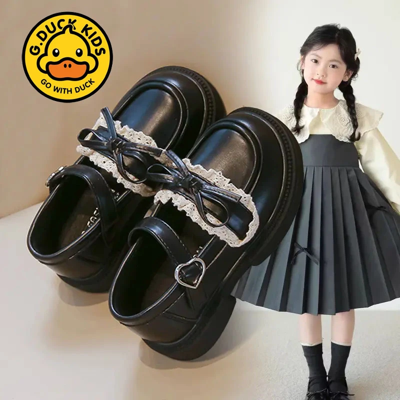 小黄鸭公主鞋洛丽塔皮鞋2025春秋新款蕾丝蝴蝶结中大童单鞋乐福鞋