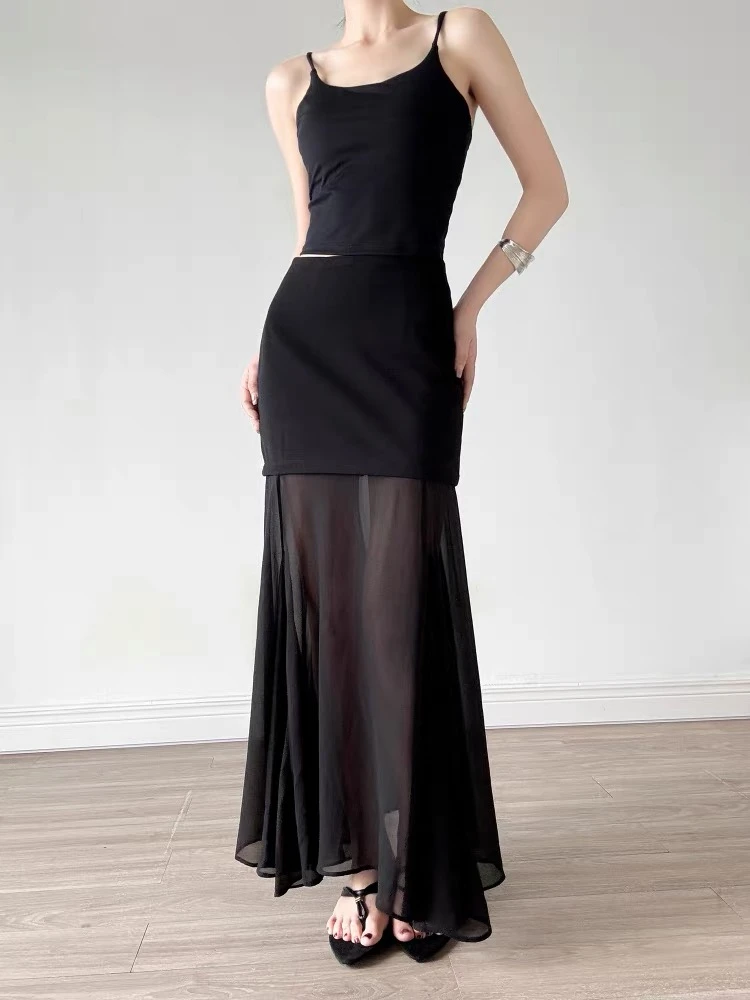 W3942 王仙女 性感飘逸黑色网纱拼接包臀半身裙女百搭高腰长裙