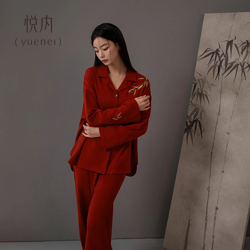 悦内睡衣女款春秋季秋款长袖纯棉家居服红色本命年马年新中式国风