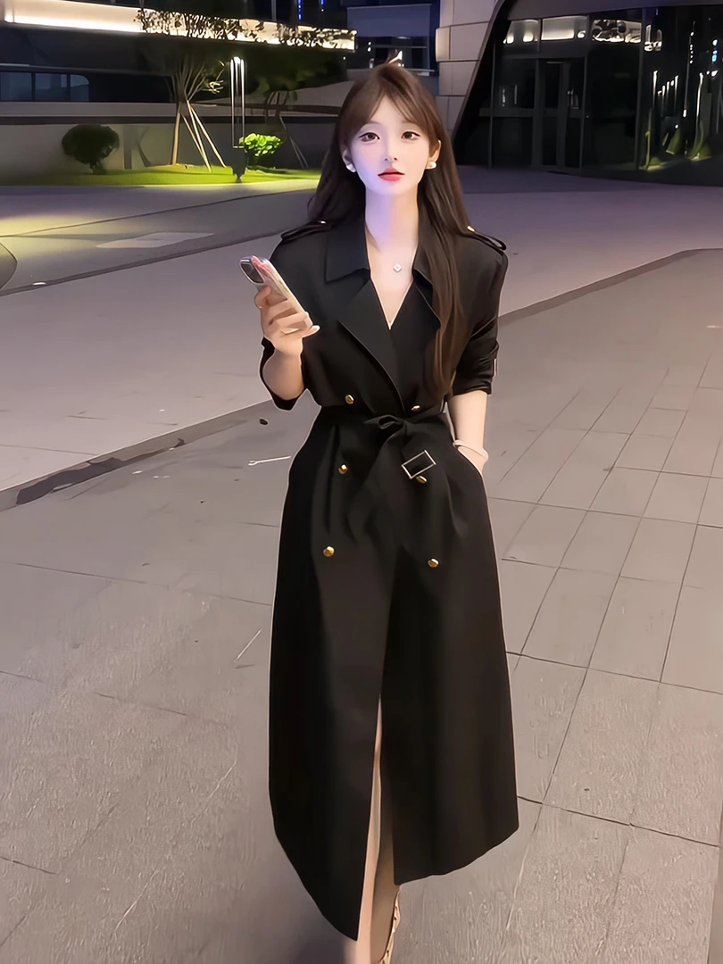 黑色系高级感赫本风风衣女款2025新款韩版长款收腰大衣外套春秋季