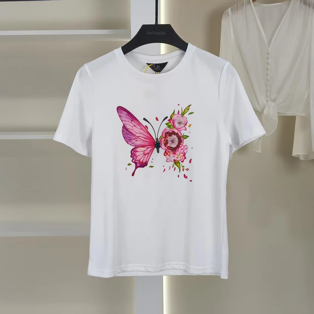 麦迪尚品【白LY】50407296 夏季简约蝴蝶印花T恤品牌撤柜女装