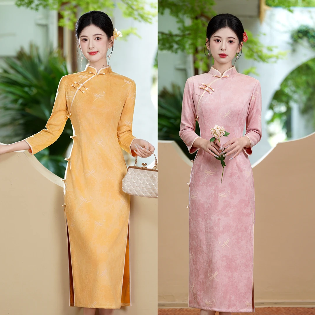 中长裙长裙新中式植物花卉旗袍修身双层秋季春季复古气质日常