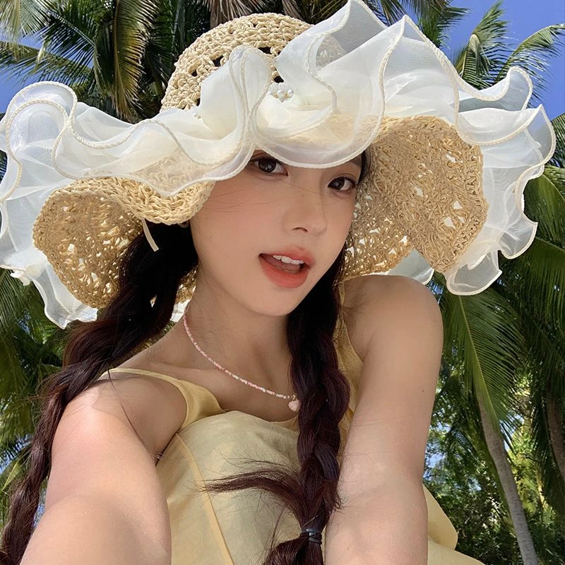 帽子女款2025新款蕾丝草编太阳帽夏季沙滩度假大帽檐透气防晒草帽