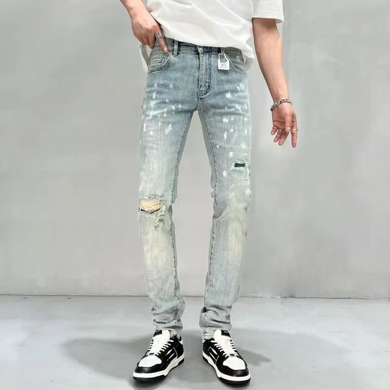 春秋高端潮牌破洞牛仔裤男韩版潮流帅气泼墨浅色乞丐裤修身小脚裤