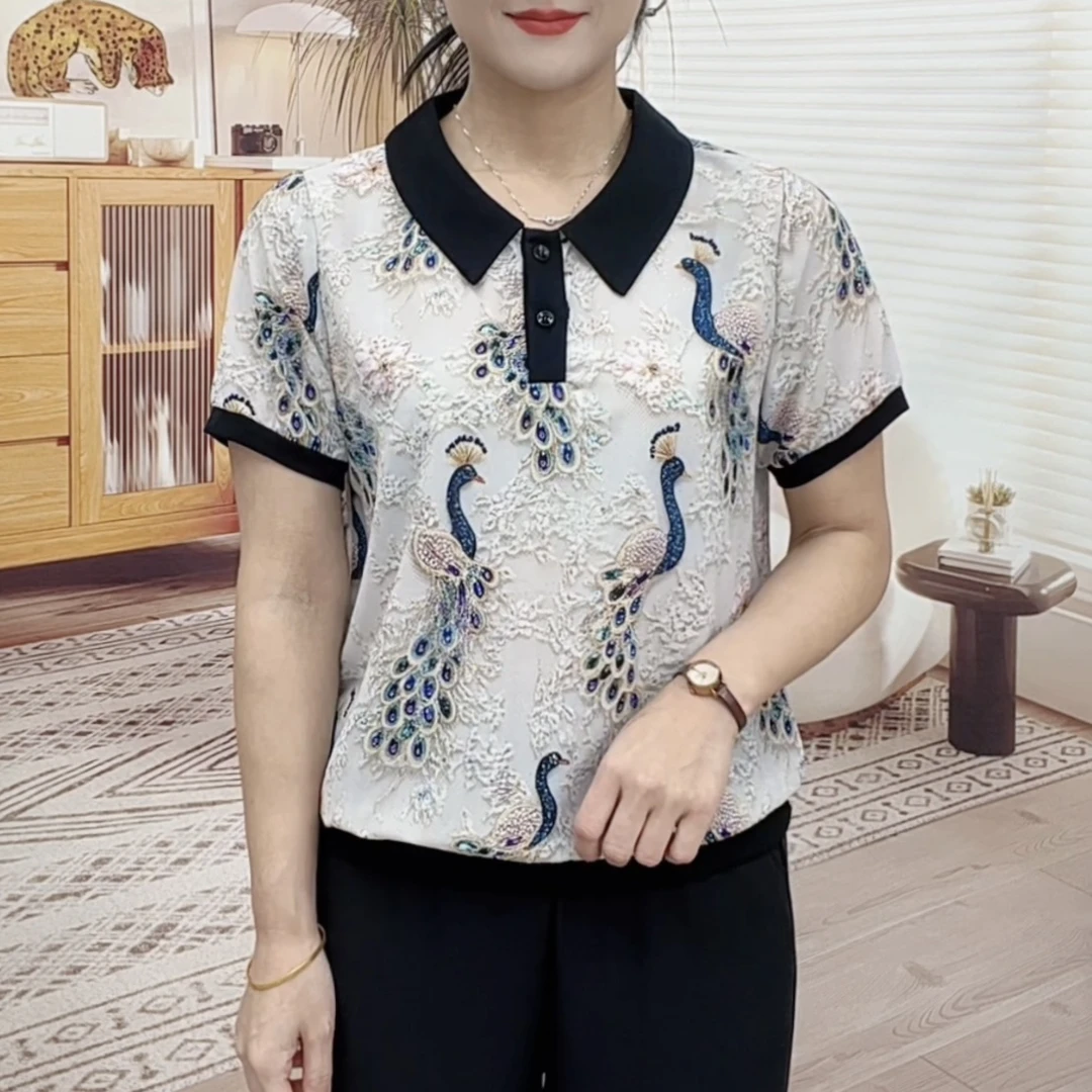 夏季新款气质休闲妈妈装女印花百搭显瘦短袖上衣Y8818