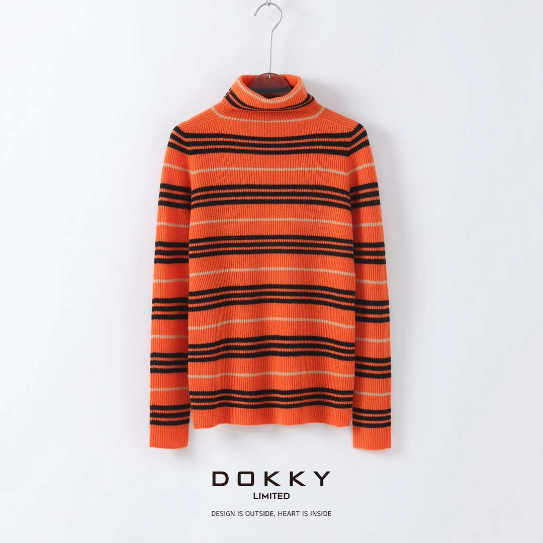 【限量尖货.钢琴诗人.紫标】DOKKY100绵羊毛.撞色条纹|高领毛衣