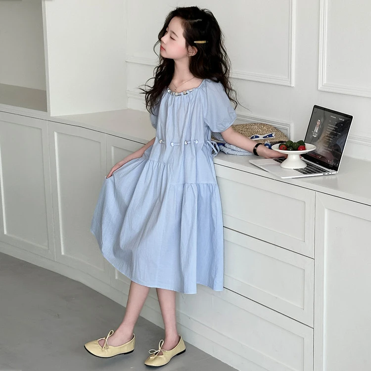女童连衣裙夏季森系收腰长裙子2025新款女孩海边度假风短袖沙滩裙