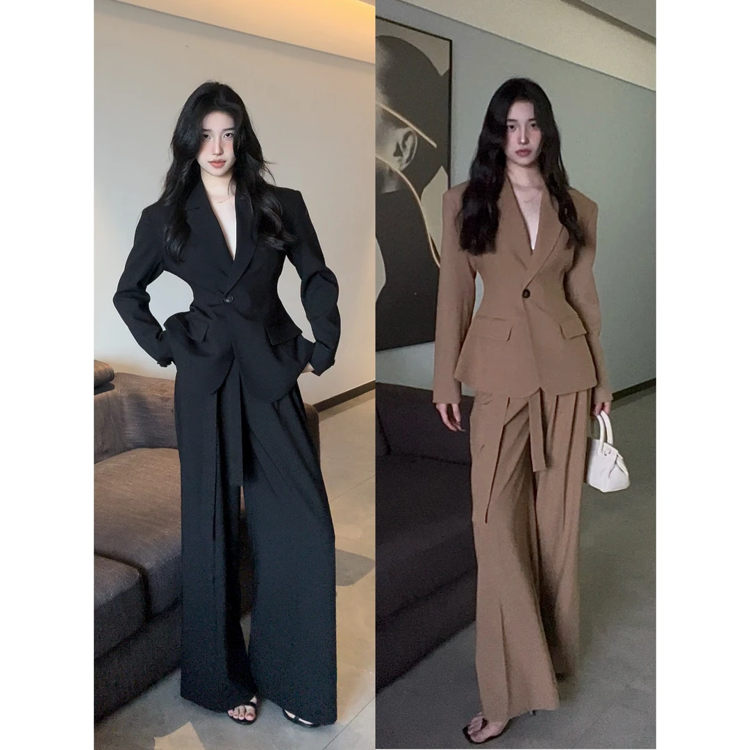 PANPANSTUDIO【麻辣女教】韩系通勤女主同款西服套装中长版阔腿裤