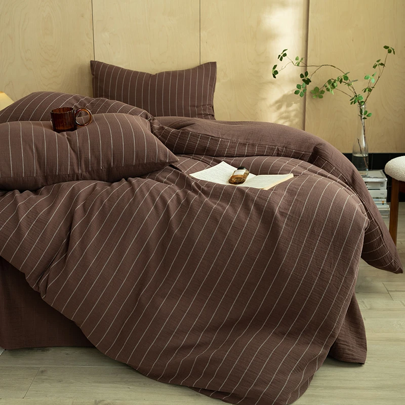 轻奢简约A类纯棉双层纱四件套格子条纹色织纯棉100全棉床单四件套