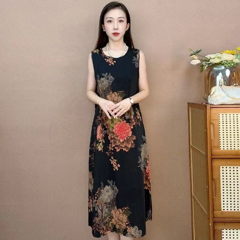 富贵花背心黑色牡丹花气质中长款时连衣裙百搭遮肉裙子夏季复古