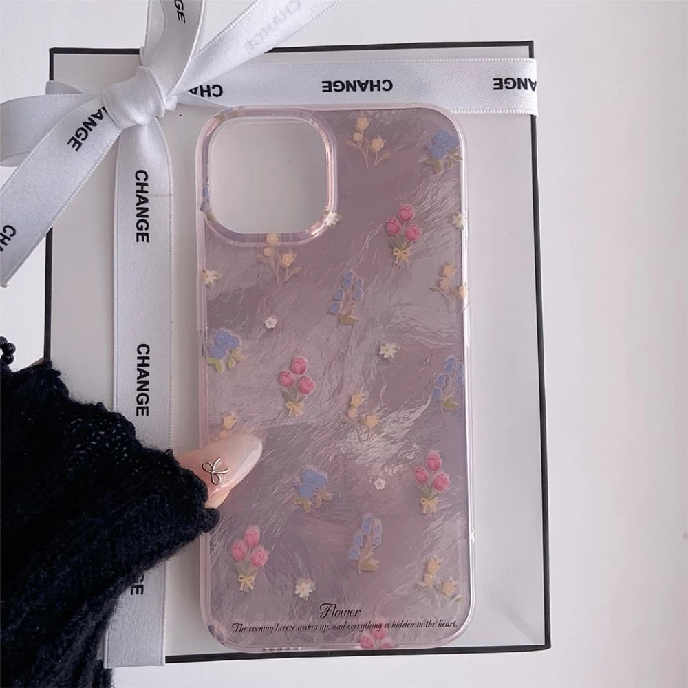 ins紫底满屏碎花蝴蝶结适用iPhone15/13新款苹果16壳14冰川纹